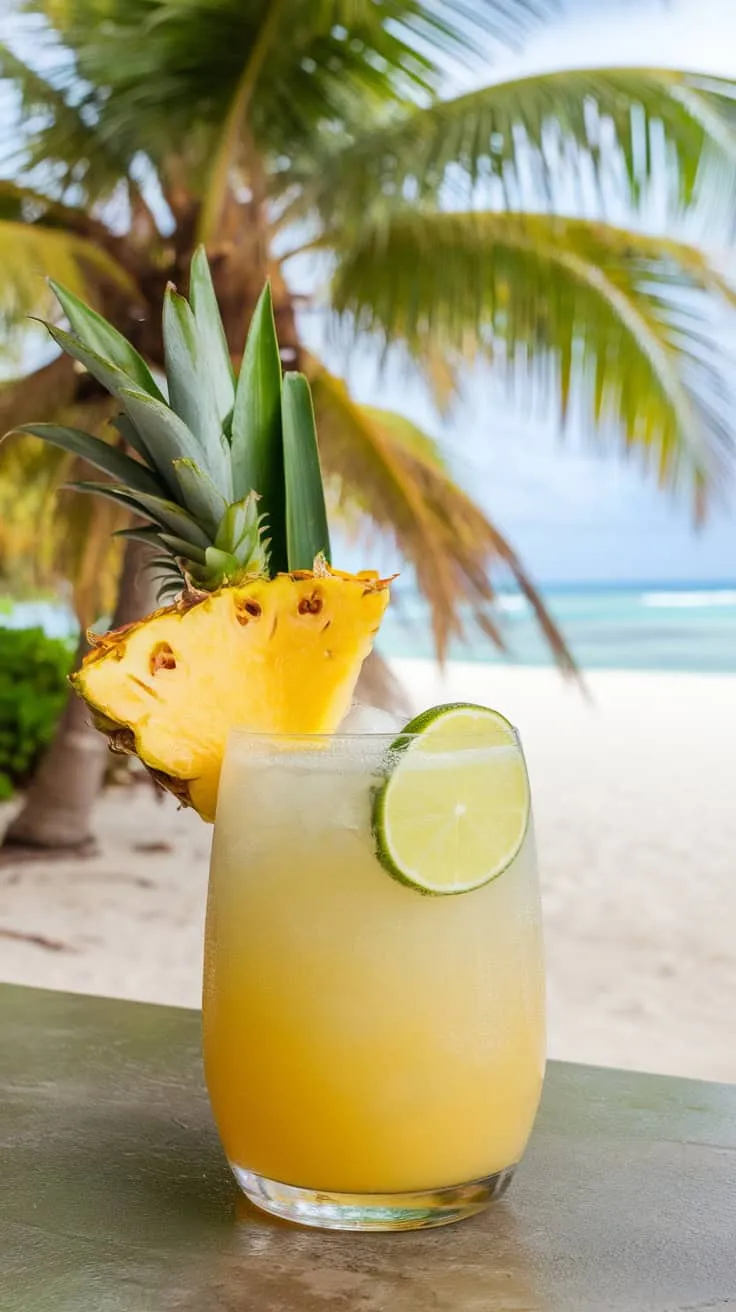 A Pineapple Daiquiri cocktail garnished with a slice of pineapple and lime, with a beach backdrop.
