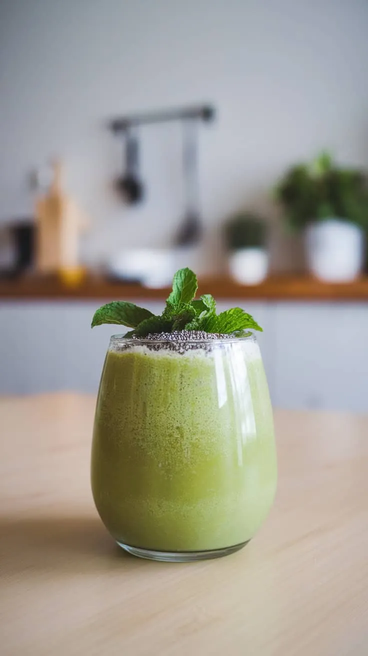 A refreshing matcha smoothie with mint leaves on top, in a clear glass.