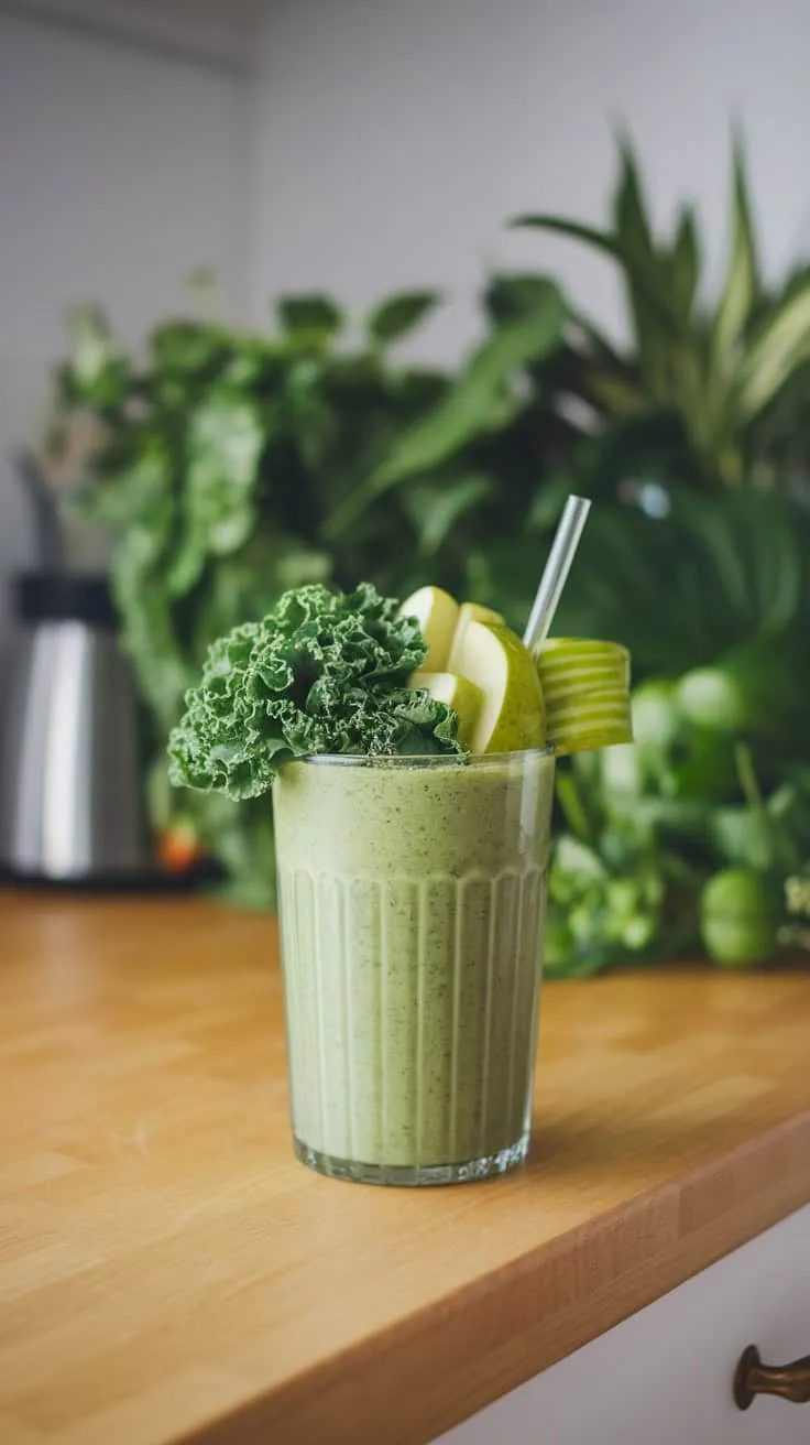 A refreshing green smoothie with kale and apple slices on top.