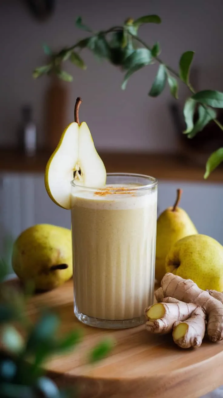A refreshing pear ginger smoothie in a glass with ginger roots and pears beside it.