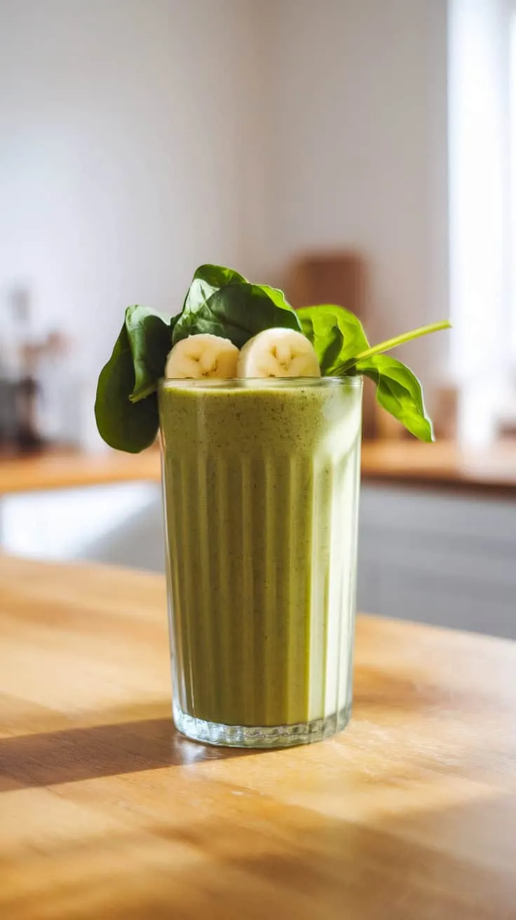 A green smoothie in a glass topped with banana slices and spinach leaves.