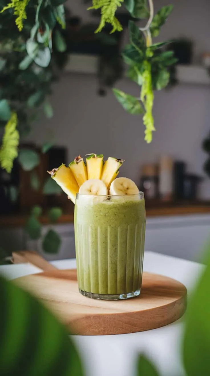 A tropical green smoothie in a glass topped with banana slices and pineapple, surrounded by greenery.