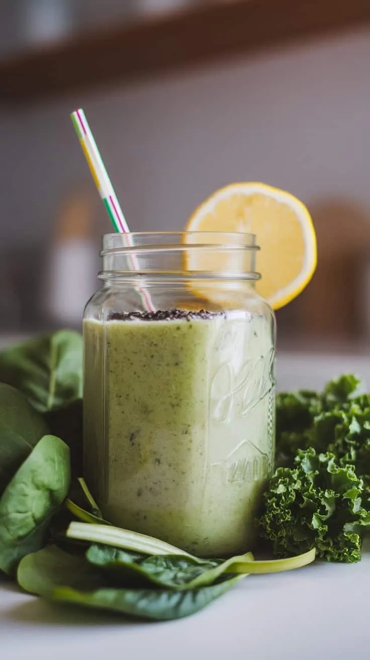 A refreshing spinach and kale smoothie in a jar with a slice of lemon and a straw.