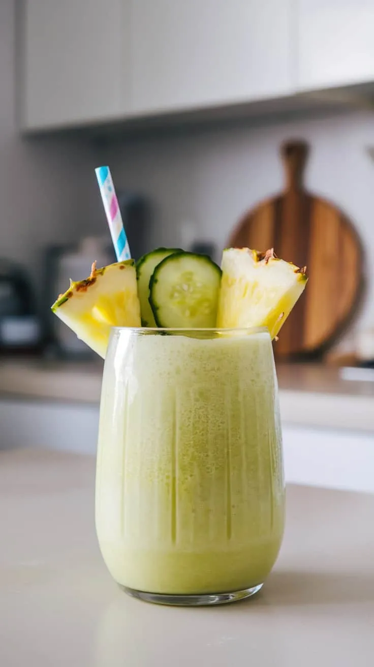 A refreshing cucumber pineapple smoothie topped with pineapple and cucumber slices, served with a straw.