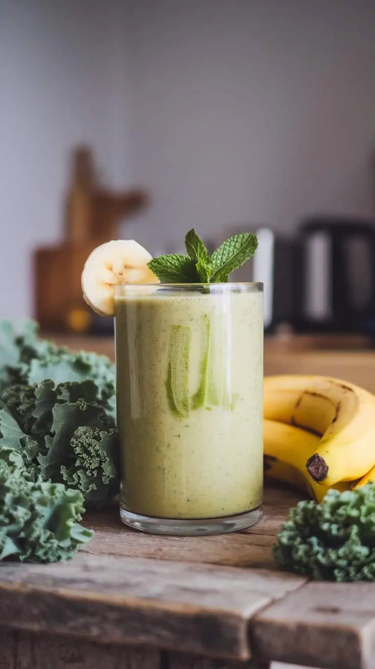 A green kale and banana smoothie in a glass, garnished with a banana slice and mint, with kale leaves and bananas in the background.