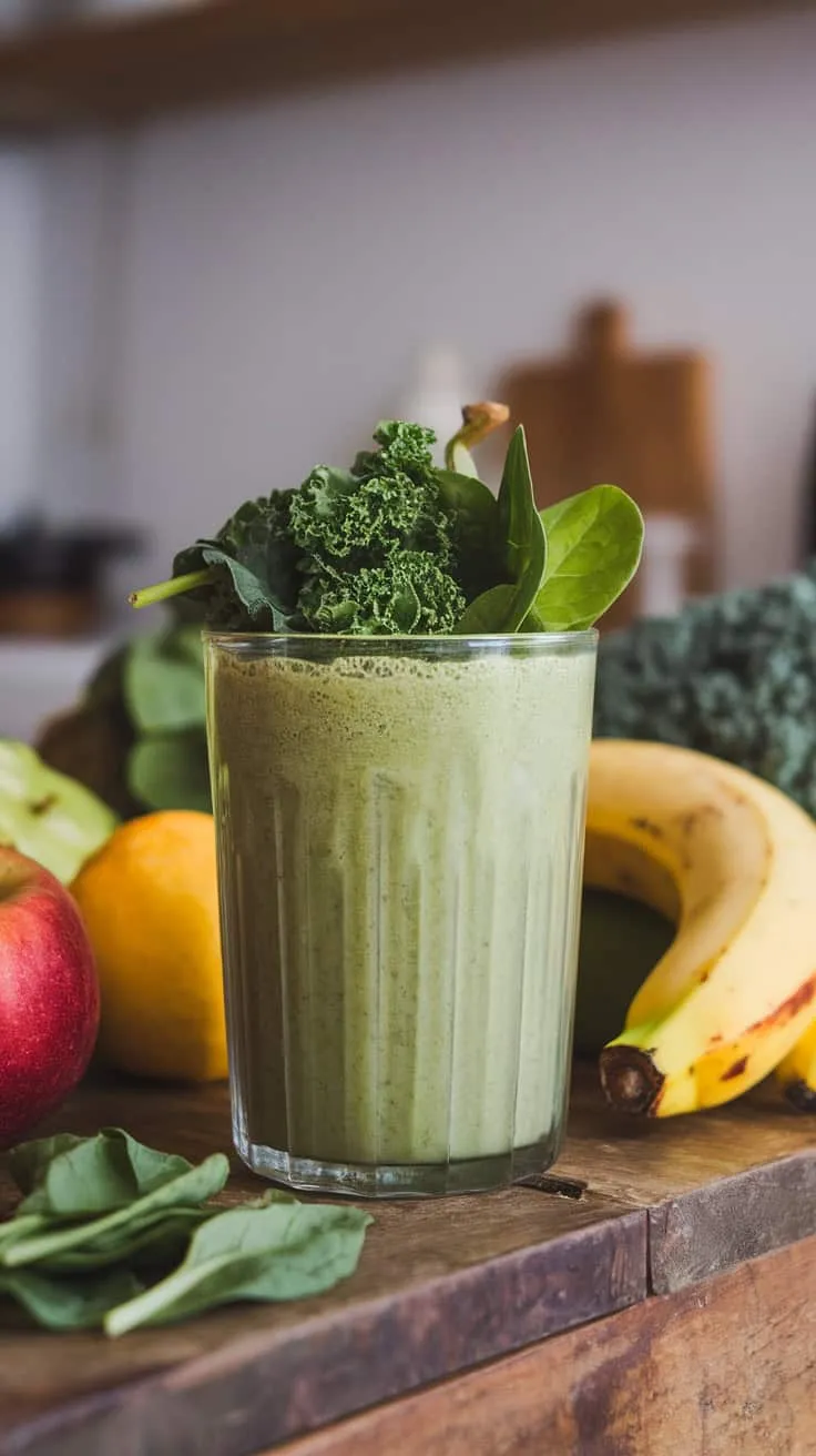 A green detox smoothie in a glass surrounded by fruits and leafy greens.