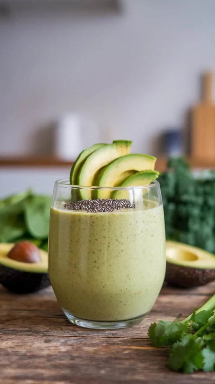 A glass of green avocado smoothie topped with avocado slices and chia seeds, surrounded by fresh spinach and avocados.