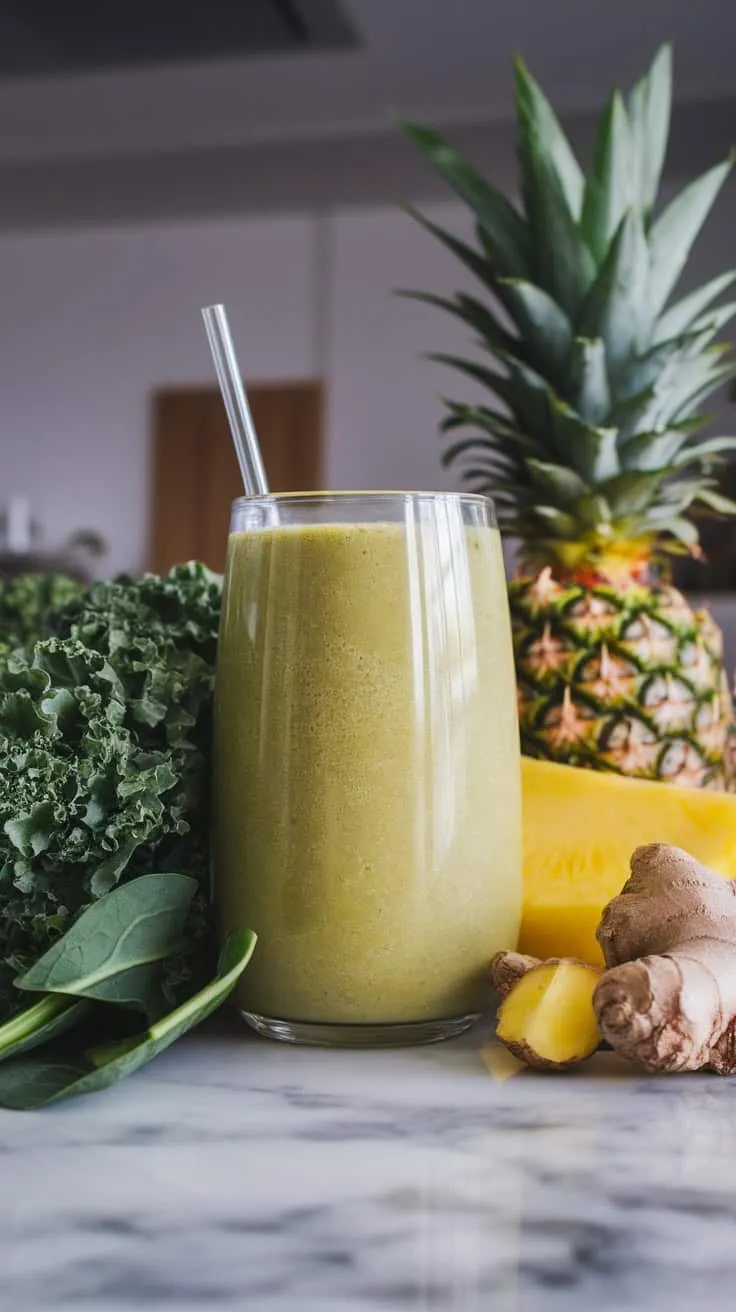 A green smoothie made with kale, spinach, pineapple, and ginger, served in a clear glass with a straw.