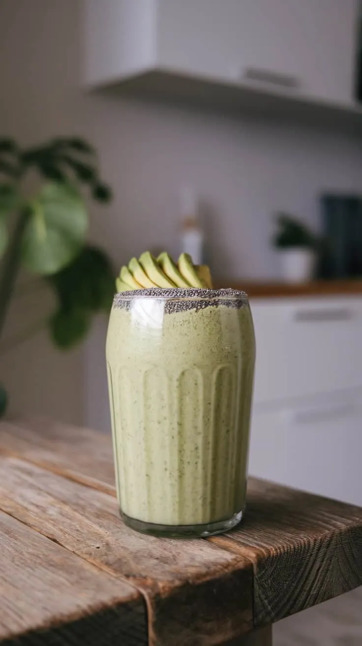 A tall glass of green smoothie topped with banana slices on a wooden table.
