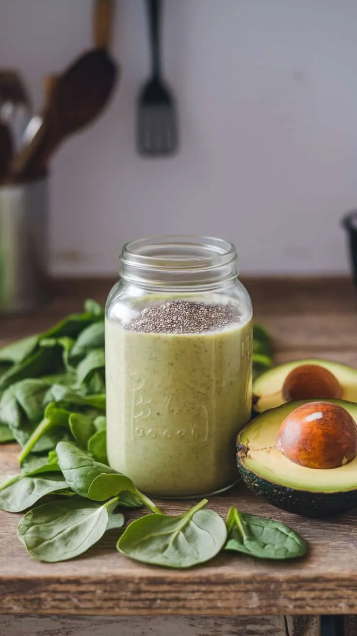 A delicious spinach and avocado smoothie in a jar, surrounded by fresh spinach and avocado halves.
