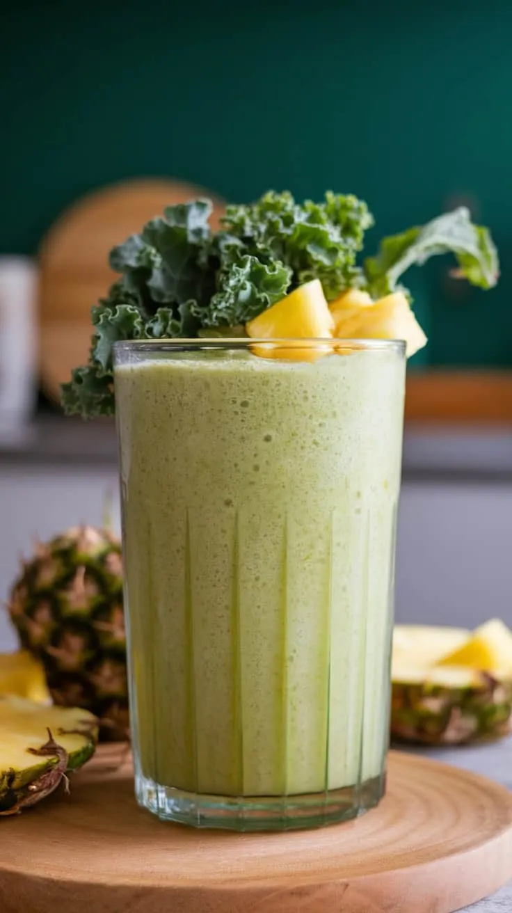 A refreshing kale pineapple smoothie with fresh pineapple pieces and kale on top in a tall glass.