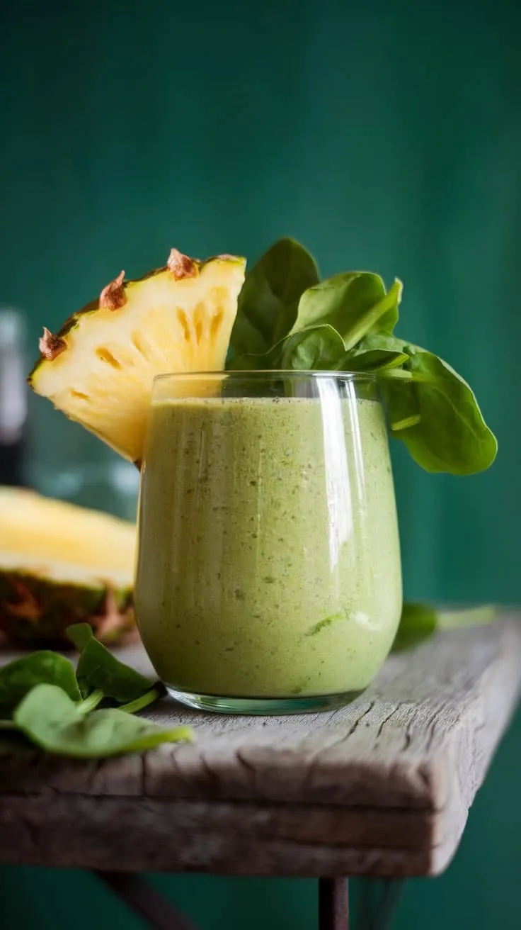 A glass of green Pineapple Spinach Smoothie with spinach leaves and a slice of pineapple.