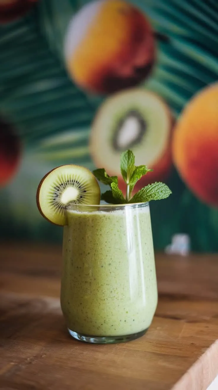 A green kiwi smoothie in a glass with a slice of kiwi and mint leaves on top.