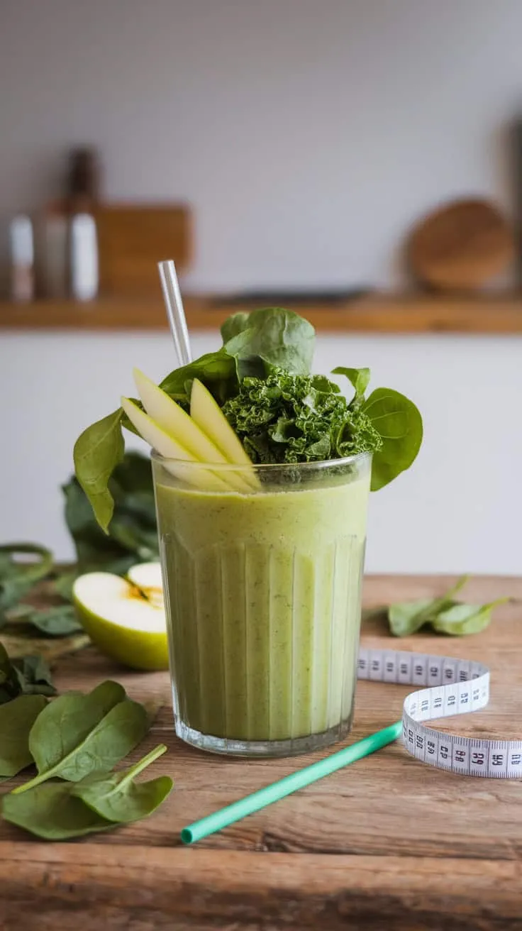 A refreshing green smoothie made with spinach, kale, and apple slices, served in a glass with a straw.
