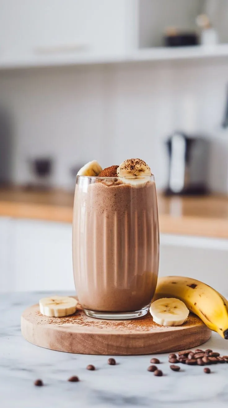 A delicious banana mocha smoothie in a glass with banana slices and coffee beans on a wooden board.