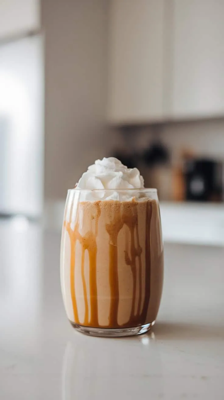 A glass of Maple Coffee Smoothie topped with whipped cream and drizzled with caramel.