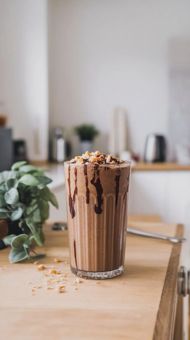 A glass of hazelnut mocha smoothie with chocolate drizzle and toppings.