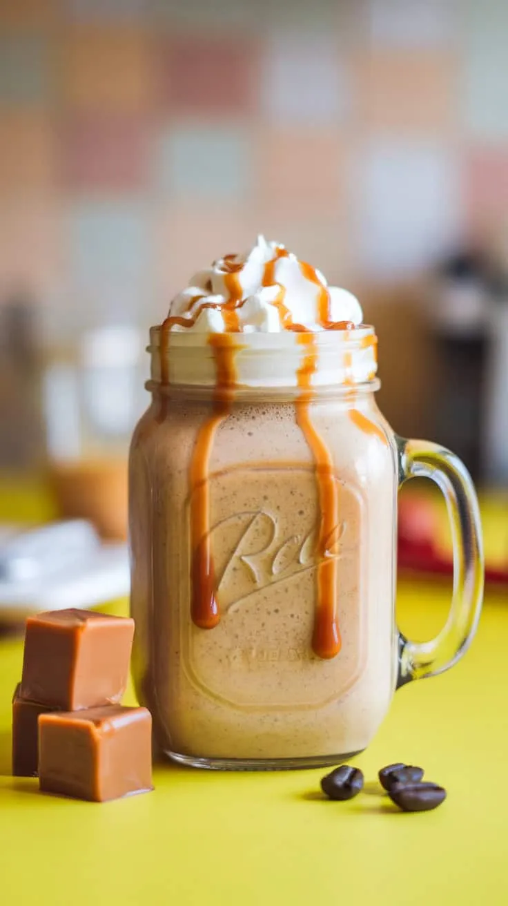 A caramel coffee smoothie topped with whipped cream and caramel drizzle in a mason jar, with caramel cubes and coffee beans beside it.