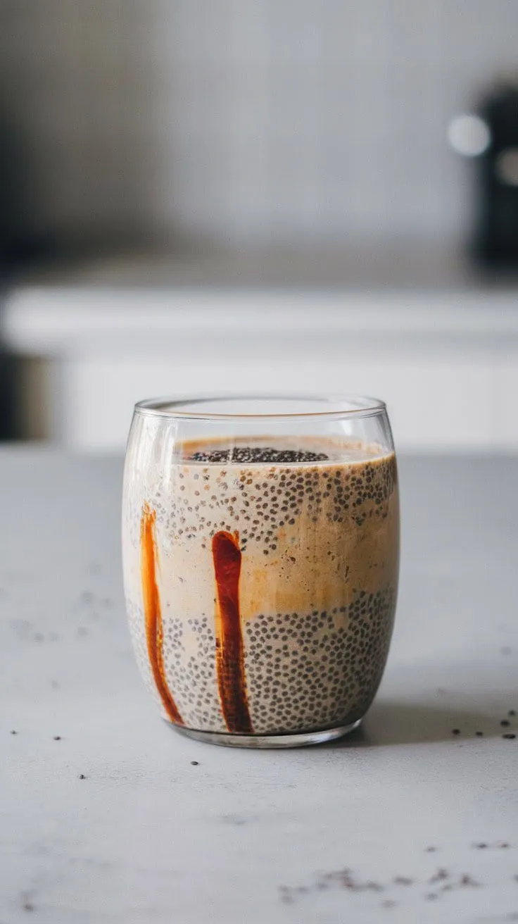 A delicious Coffee Chia Smoothie in a clear glass, showcasing layers of coffee and chia seeds.