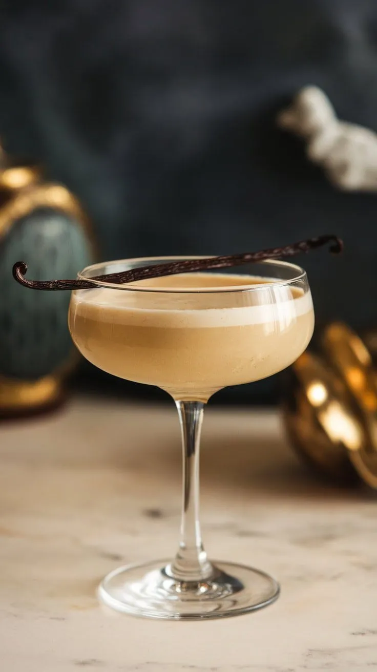 A creamy Vanilla Bean Eggnog Cocktail in a glass garnished with a vanilla bean.
