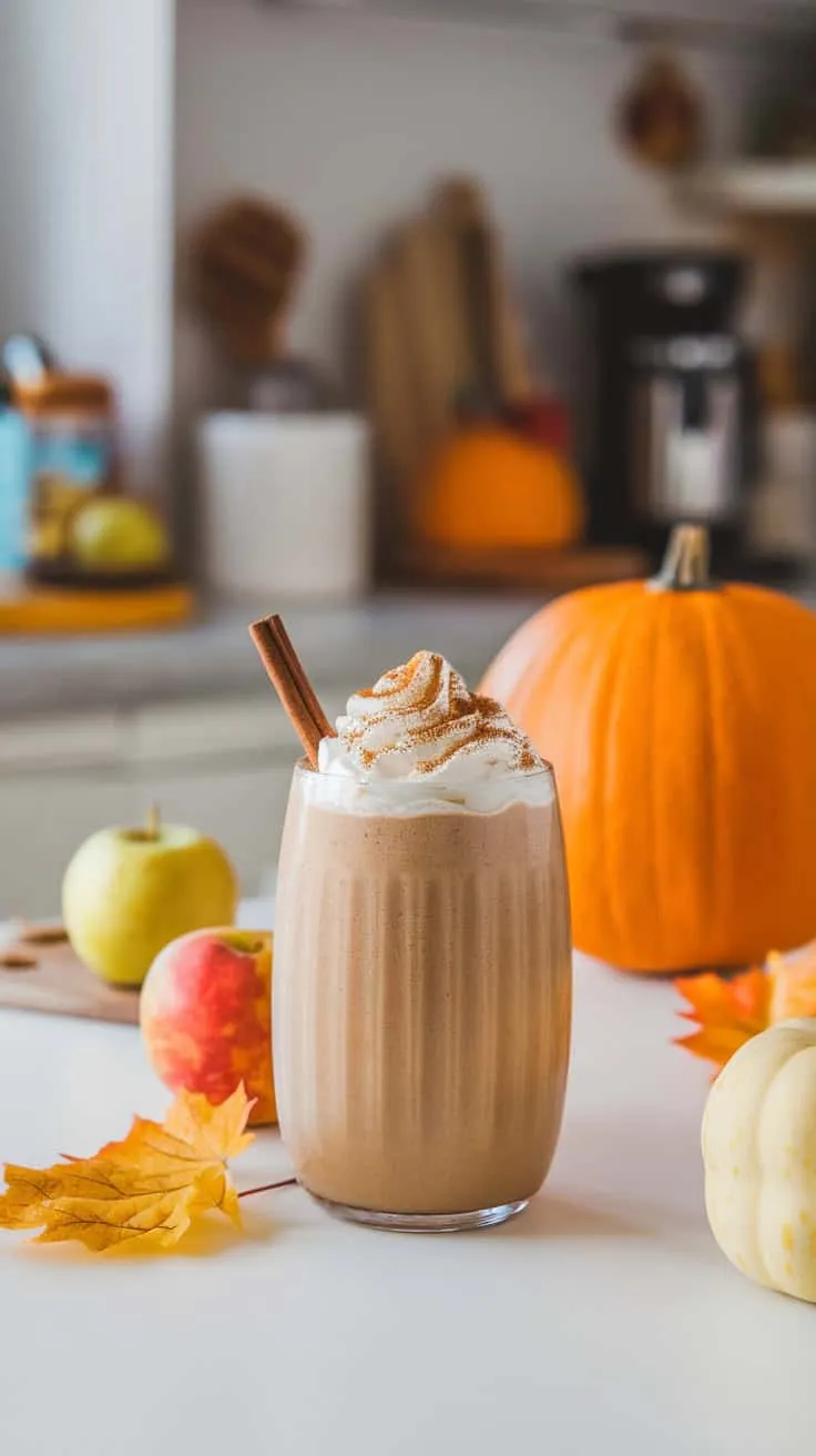 A Pumpkin Spice Coffee Smoothie topped with whipped cream and cinnamon, surrounded by apples and pumpkins.