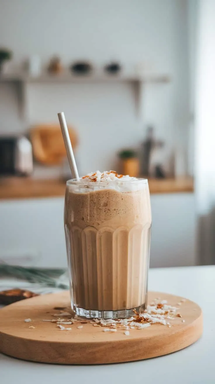 A glass of coconut coffee smoothie topped with shredded coconut on a wooden board