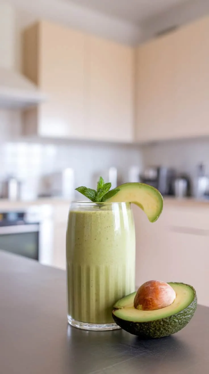 A glass of green coffee avocado smoothie with a slice of avocado and a mint leaf on top.