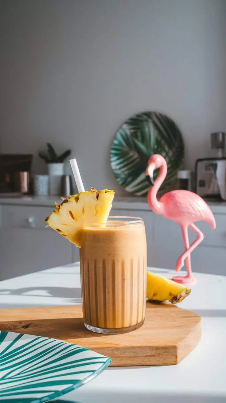 A refreshing Tropical Coffee Smoothie garnished with pineapple slices, set against a bright kitchen background.