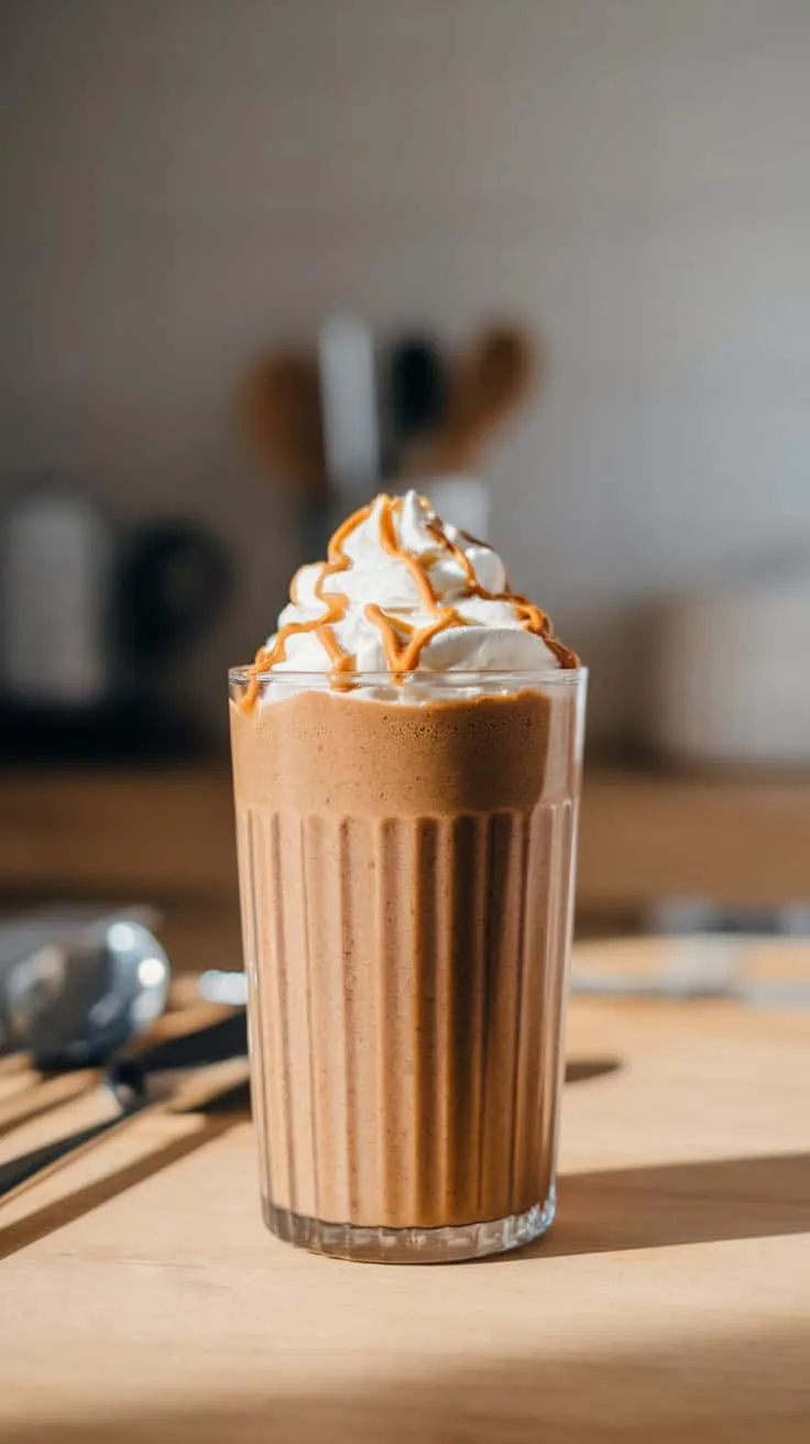 A delicious Peanut Butter Coffee Smoothie topped with whipped cream and a drizzle of caramel.
