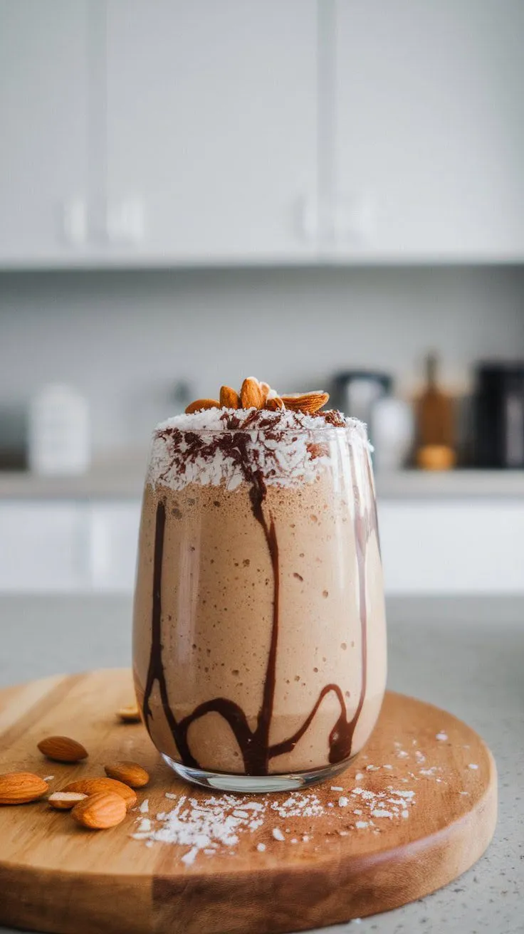 A delicious Almond Joy Coffee Smoothie topped with almonds and coconut.