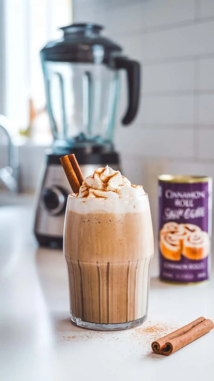 A Cinnamon Roll Coffee Smoothie with whipped cream and cinnamon, alongside a blender and a can of cinnamon roll mix.