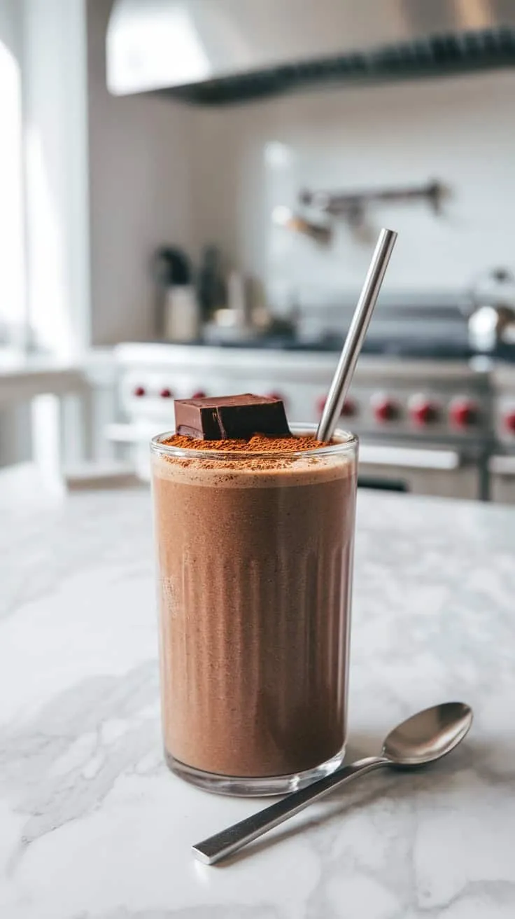 A glass of chocolate smoothie topped with a piece of chocolate and cocoa powder.