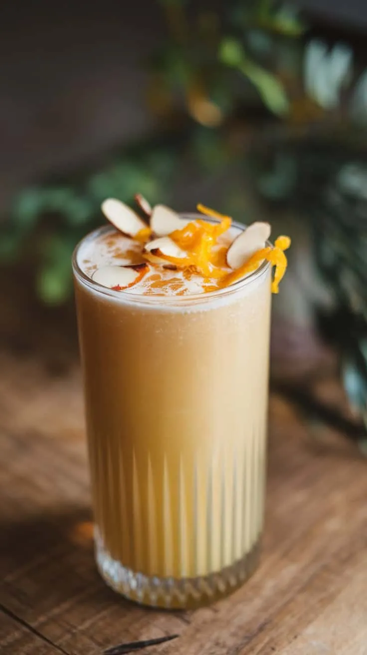 A glass of Amaretto Eggnog Spritz topped with almonds and orange zest