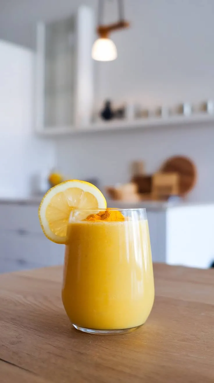A glass of golden Meyer lemon smoothie topped with turmeric and a slice of lemon