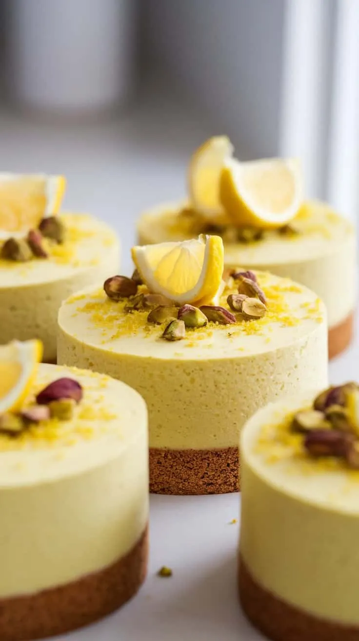 Pistachio Meyer Lemon Mousse Cakes topped with lemon slices and crushed pistachios