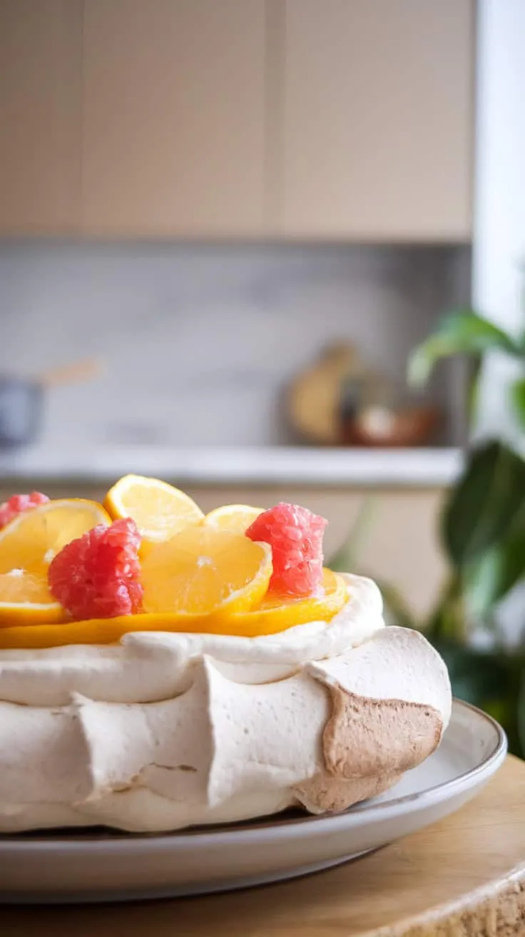 A close-up of a pavlova topped with Meyer lemon curd and citrus fruits in a kitchen setting.