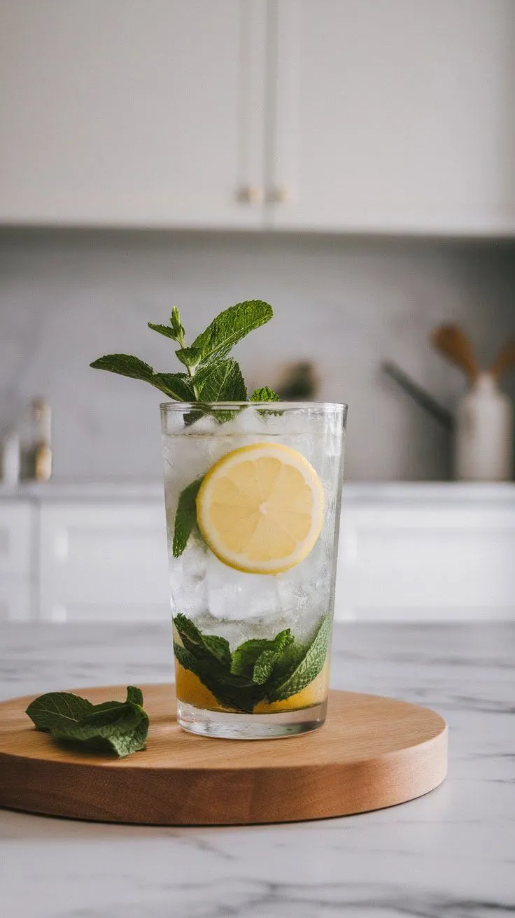 A glass of Meyer Lemon Mojito with ice, mint leaves, and a lemon slice on a wooden board
