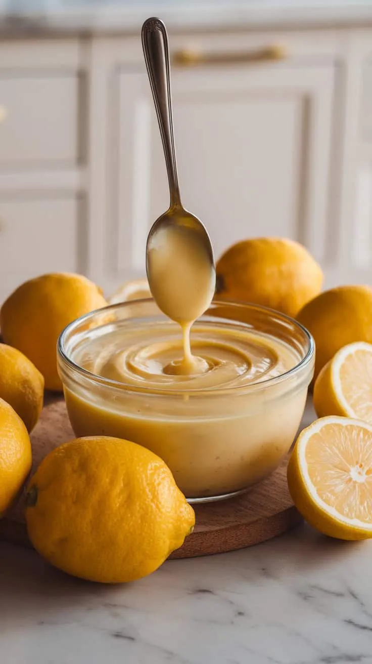 A bowl of creamy Meyer lemon curd surrounded by fresh lemons
