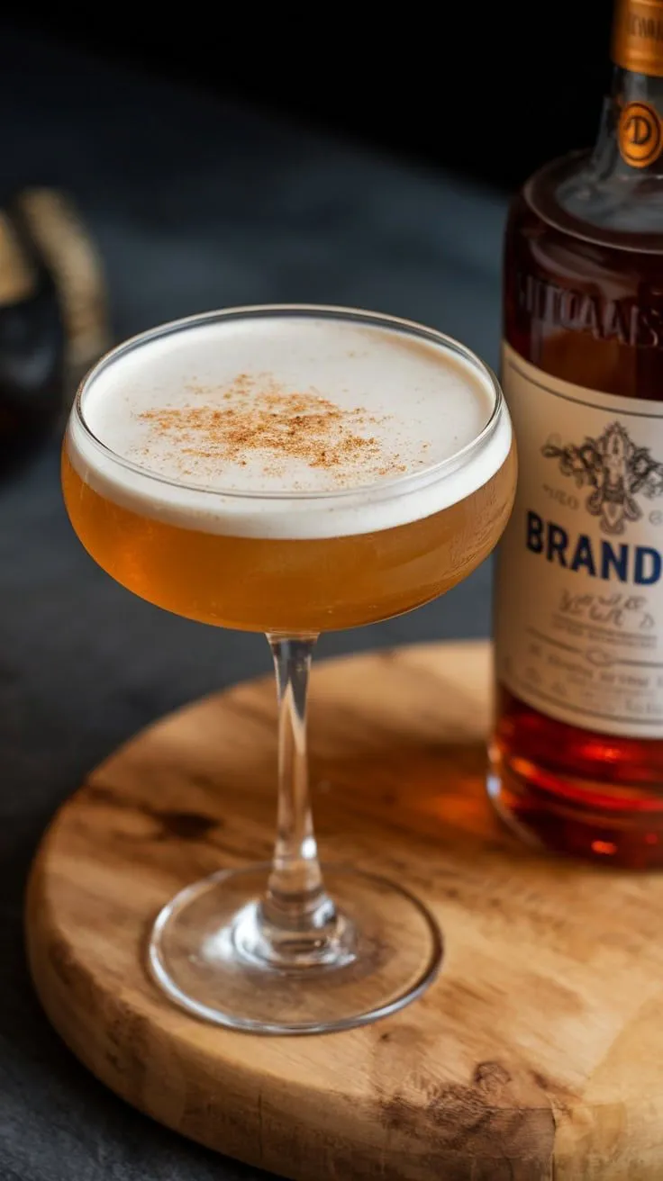 A glass of Eggnog Brandy Alexander cocktail on a wooden surface with a bottle of brandy in the background.