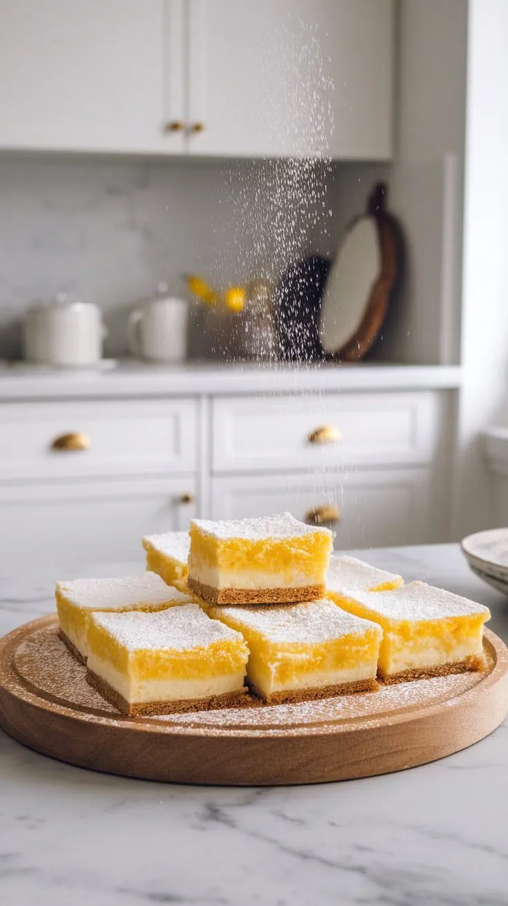 A plate of Meyer lemon bars dusted with powdered sugar, showcasing their bright yellow filling and golden crust.