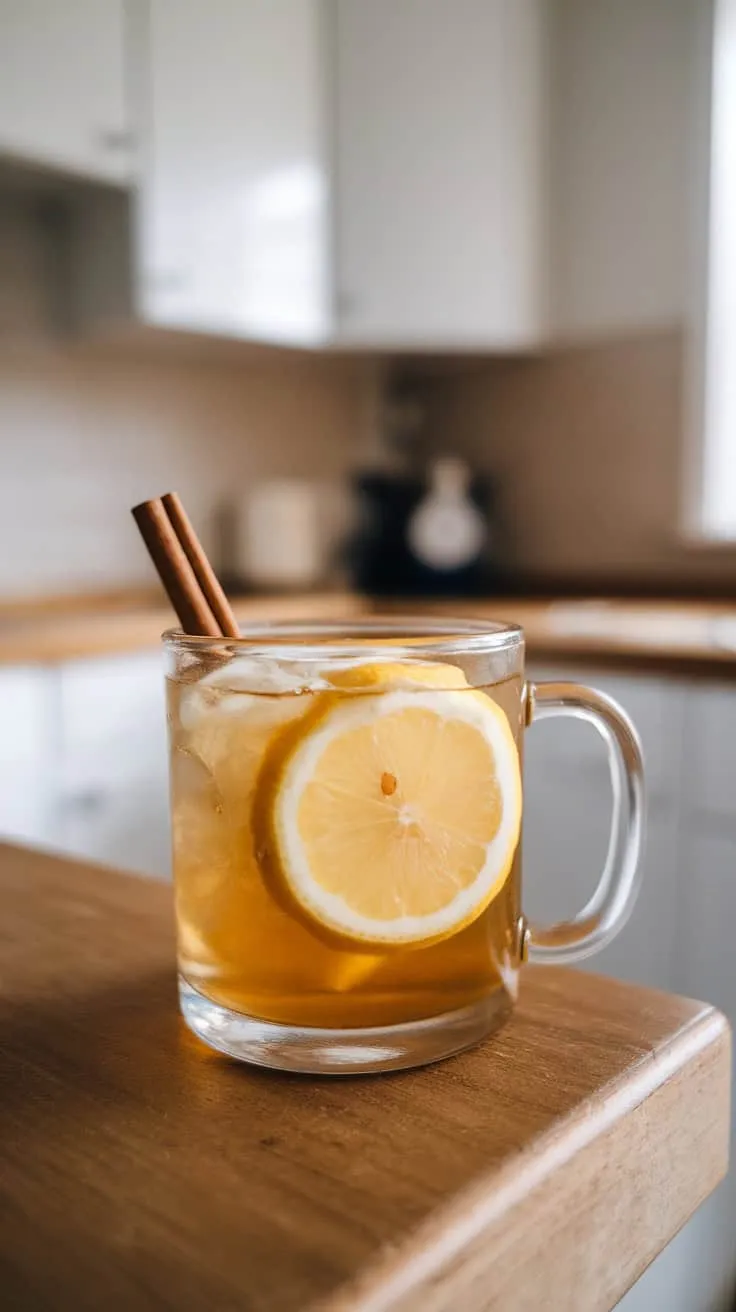 A glass of Meyer Lemon Hot Toddy with a lemon slice and cinnamon stick
