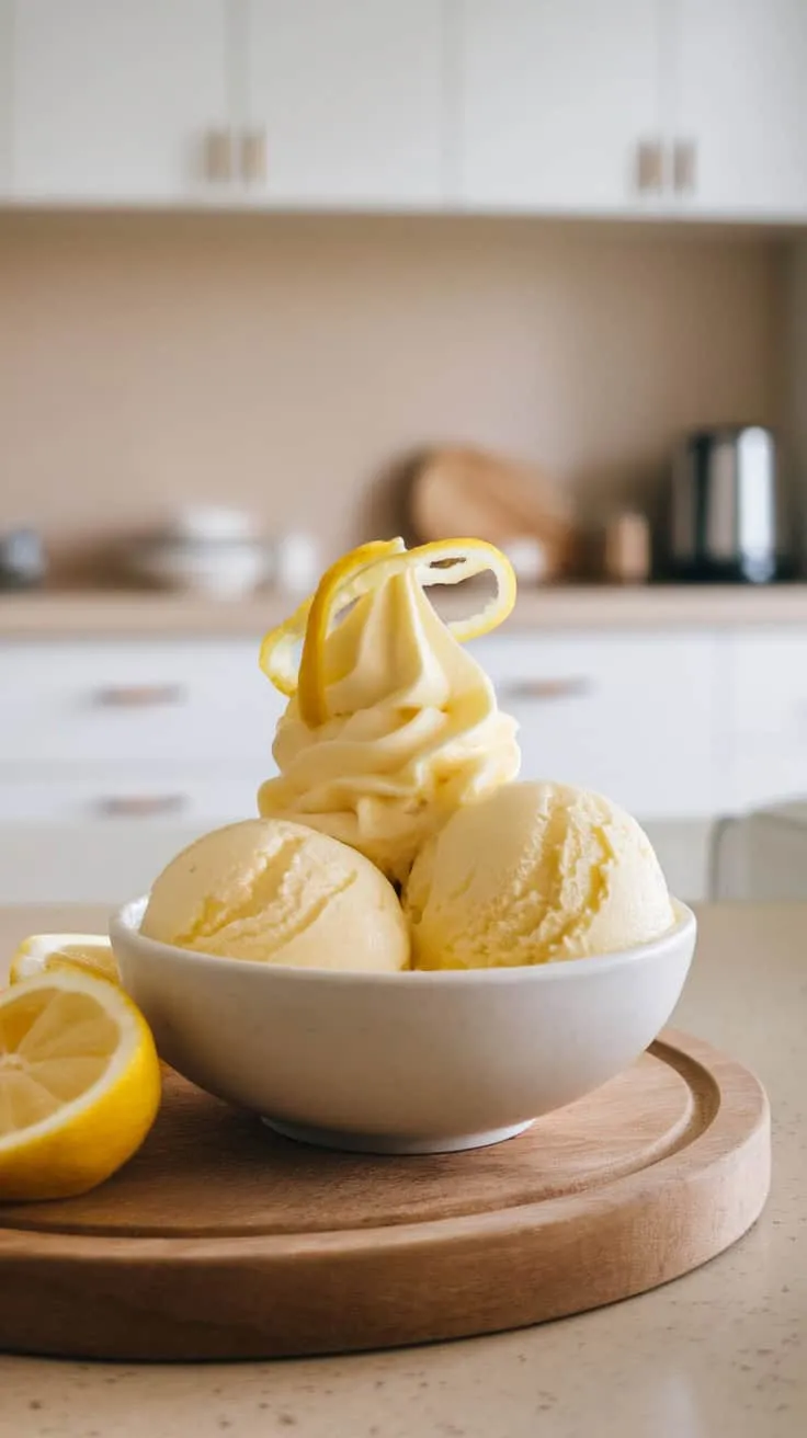 Bowl of Meyer lemon gelato with lemon slices on a wooden board