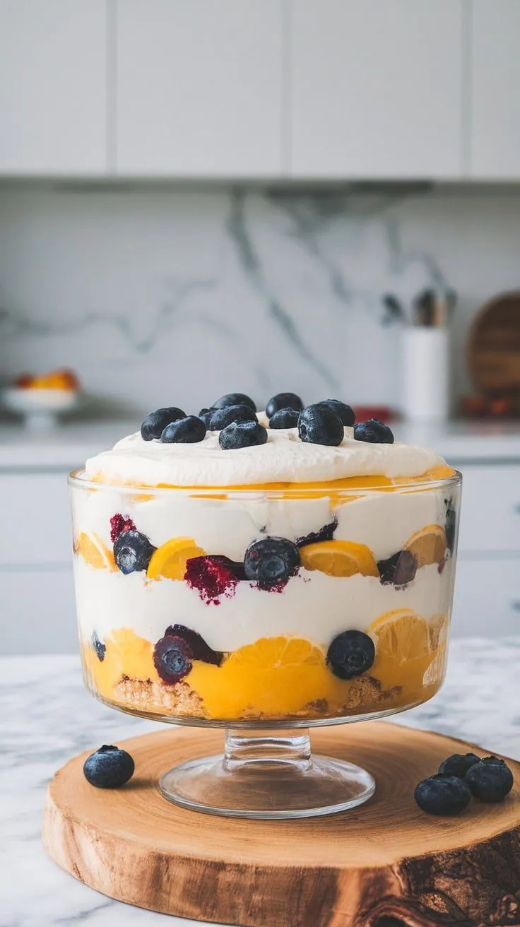 A beautifully layered Meyer Lemon Blueberry Trifle in a glass dish, showcasing yellow lemons and blue blueberries.