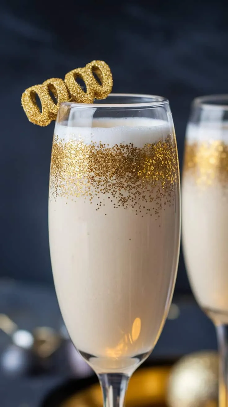 A festive Eggnog Champagne Fizz in a glass with gold glitter decor