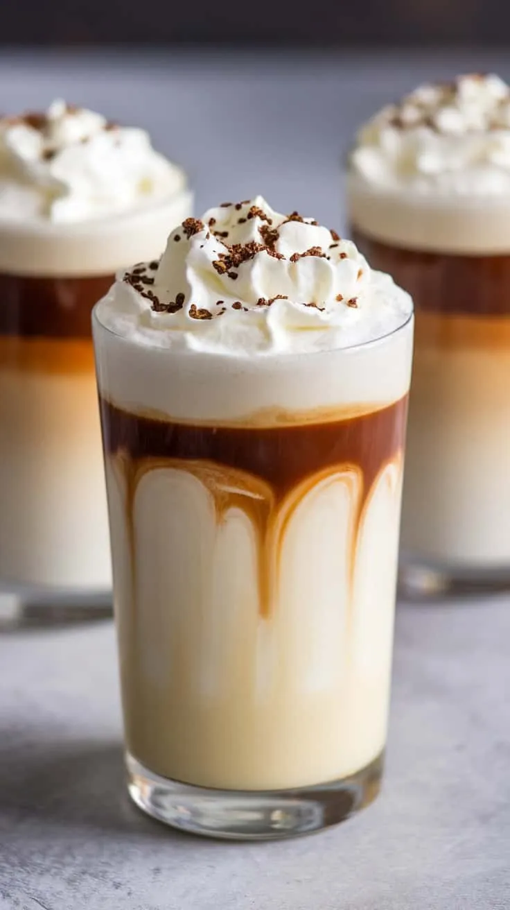 A glass of Eggnog Latte Cocktail topped with whipped cream and chocolate shavings.