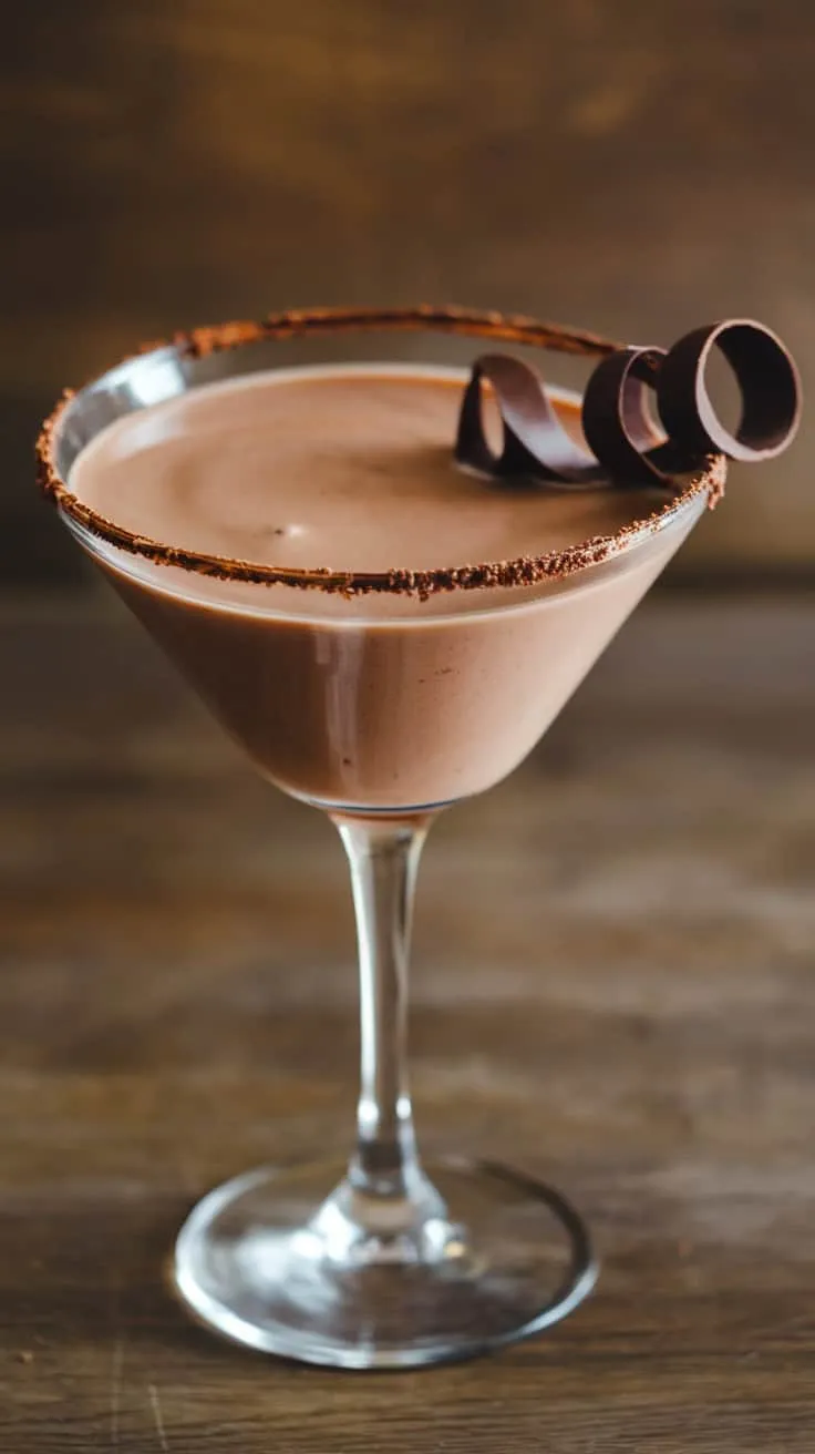 A Chocolate Eggnog Martini with a chocolate rim and chocolate curls on top.