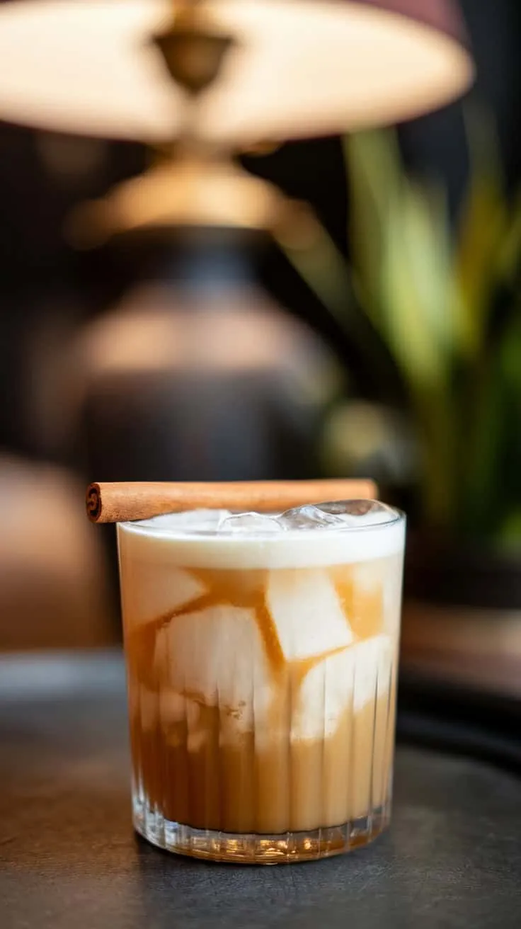A glass of Eggnog White Russian drink with a cinnamon stick on top