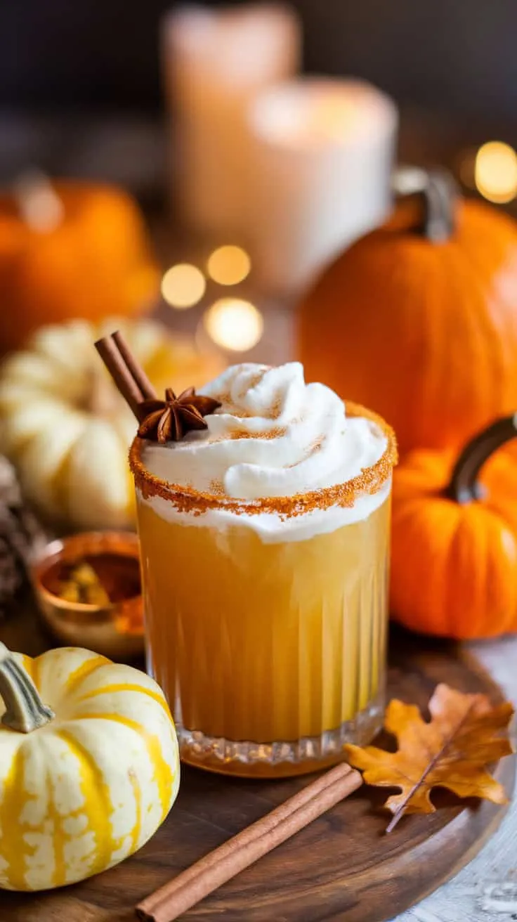 A pumpkin spice eggnog cocktail garnished with whipped cream and spices, surrounded by pumpkins and candles.