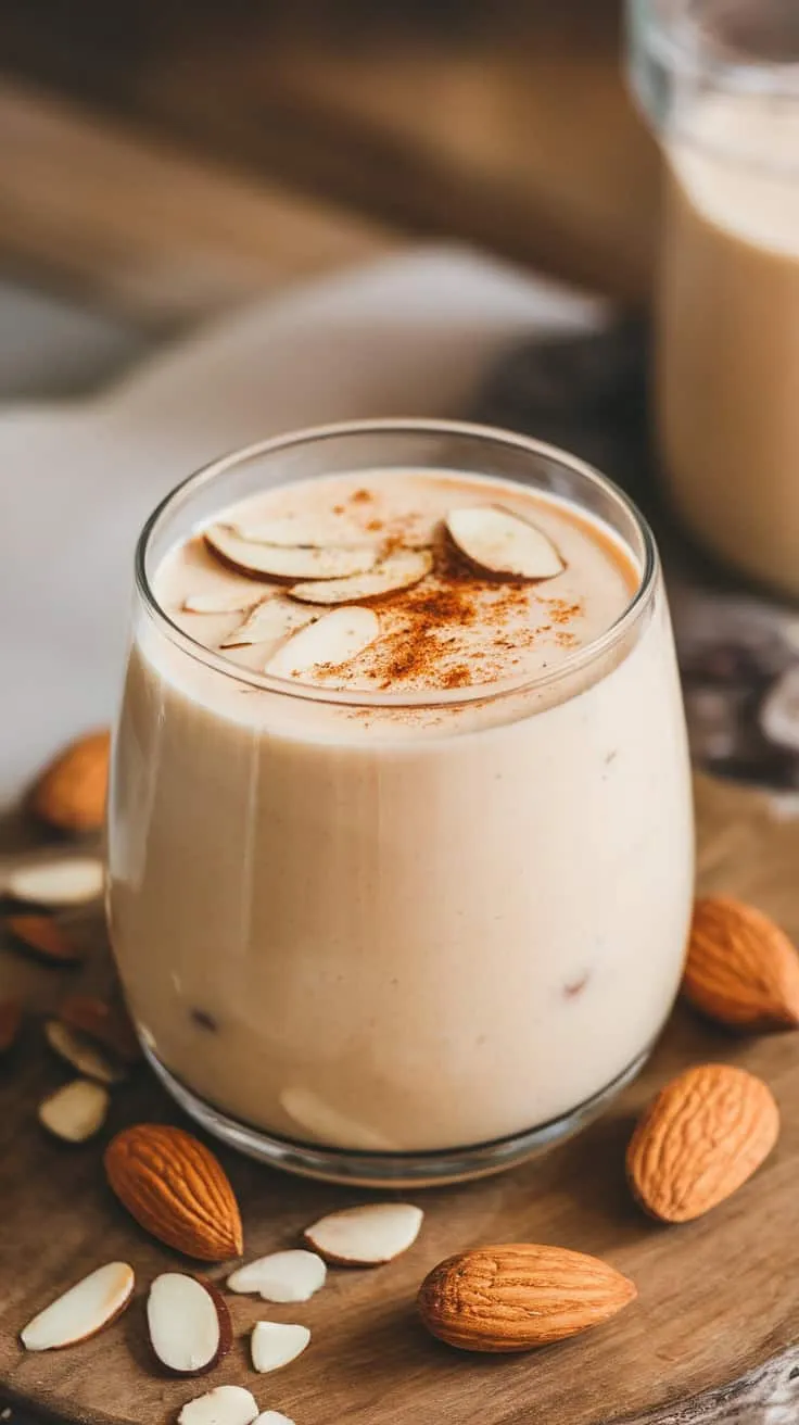 A glass of vegan almond eggnog topped with sliced almonds and a sprinkle of cinnamon, surrounded by whole and sliced almonds.