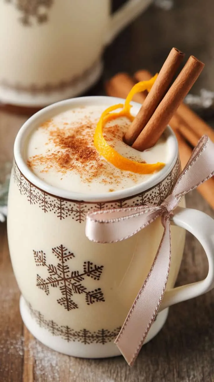 A festive mug of spiced eggnog topped with cinnamon sticks and orange peel.